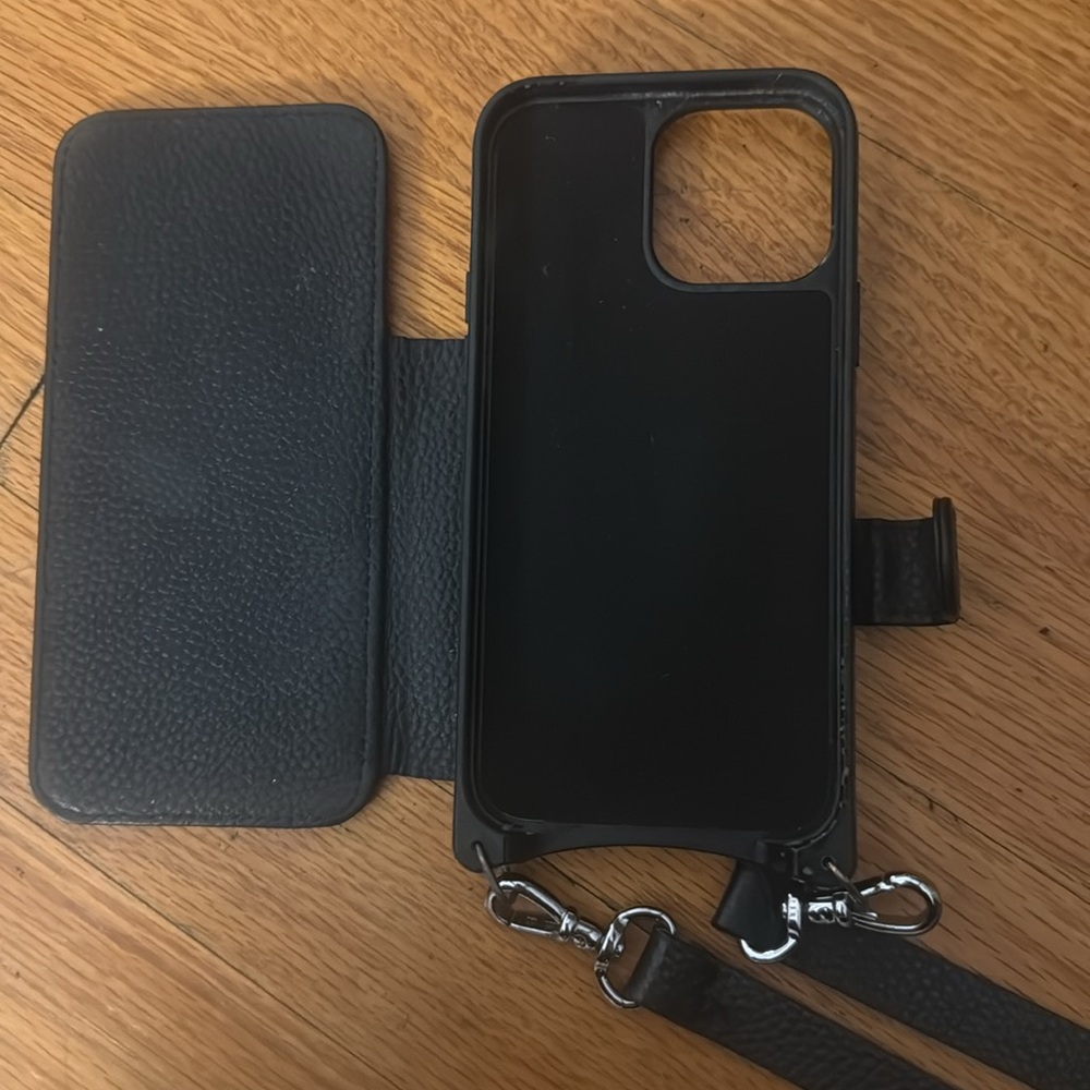 Bandolier Black Leather Phone Crossbody with Silver-Tone Chain Strap - Picture 5 of 5